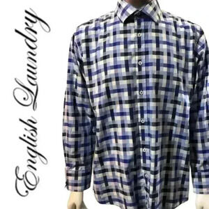 Men's English Laundry Checker Button Dress Shirt Blue Black White 16.5